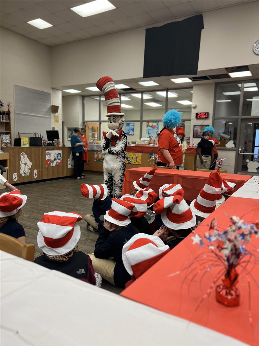 Greetings from the Cat in the Hat character to the elementary students attending the Read Across America event.